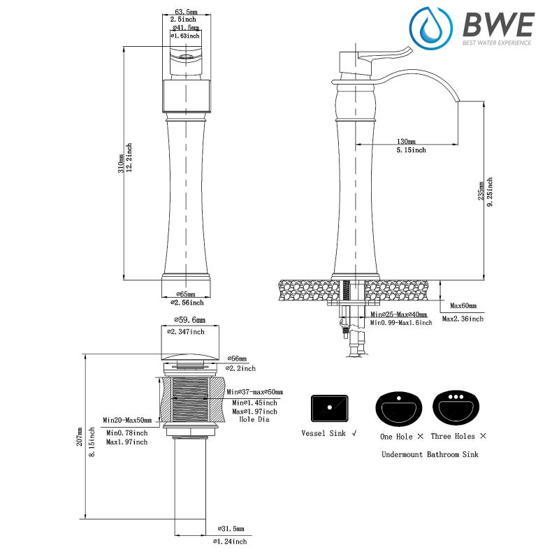 BWE Vessel Sink Faucet Brushed Nickel Single Hole Commercial Waterfall Bathroom Faucet with Pop Up Drain Without Overflow and Supply Line Modern Tall Faucet Bath Sink Lavatory Mixer Water Tap - Image 2